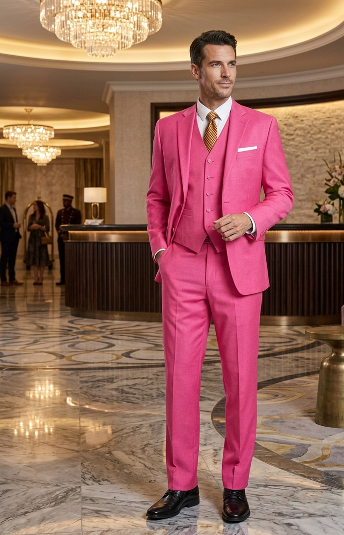 Men's 2 Button 3 Piece Vested Modern Fit Suits Flat Front Pants Suit in Fuschia