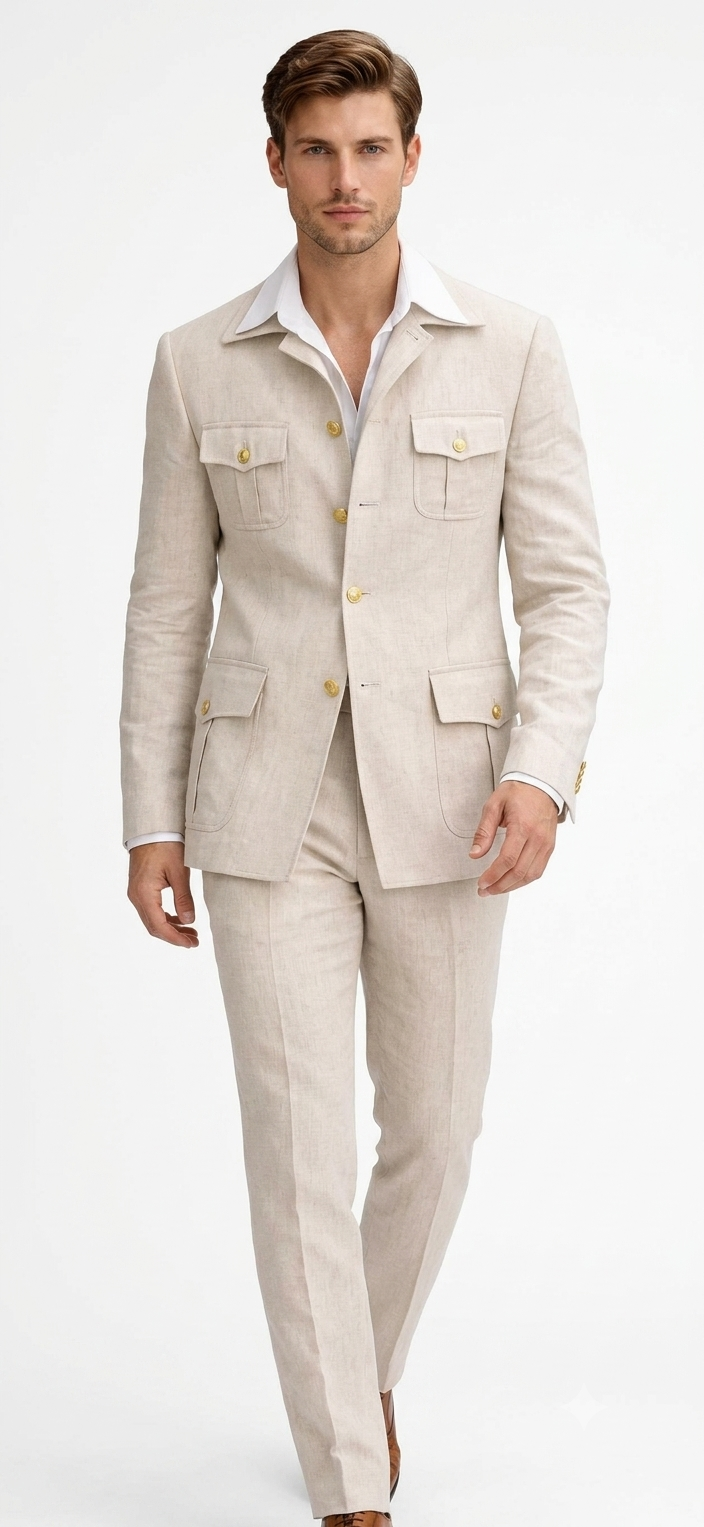 Mens Tan Beige Safari Military Walking Suit Set – Casual Two Piece Outfit Lightweight Summer Blazer and Pants Set Classic Casua Wear