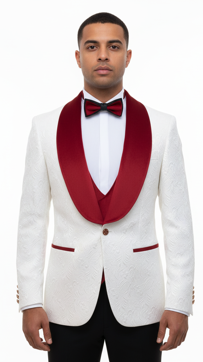 Mens Groom Wedding Shawl Collar - Paisley Red Velvet 4pc Suit W/ Matching Bowtie
