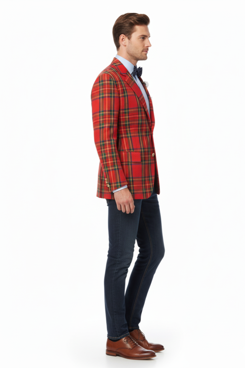 Holiday Blazer - Christmas Sport Coat - Red Christmas Fabric Plaid Blazer By Alebrtonardoni