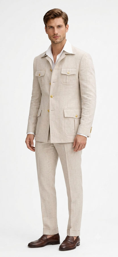 Mens Tan Beige Safari Military Walking Suit Set – Casual Two Piece Outfit Lightweight Summer Blazer and Pants Set Classic Casua Wear