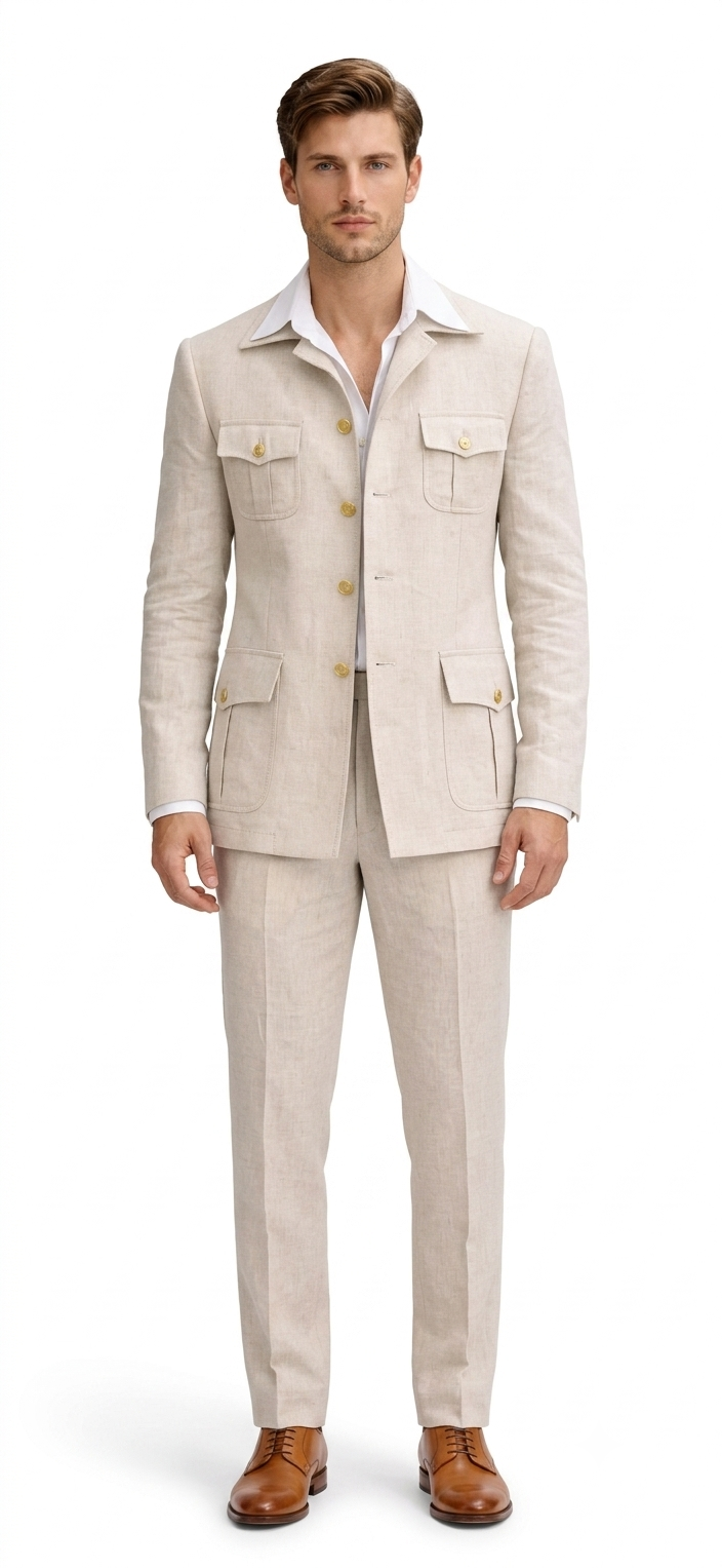 Mens Tan Beige Safari Military Walking Suit Set – Casual Two Piece Outfit Lightweight Summer Blazer and Pants Set Classic Casua Wear