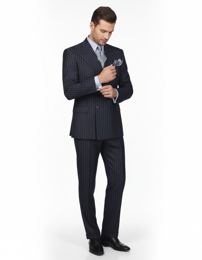 High Quality Dark Navy Blue Suits For Men & Chalk Bold White Pinstripe Double Breasted Suit 100% poly-ray