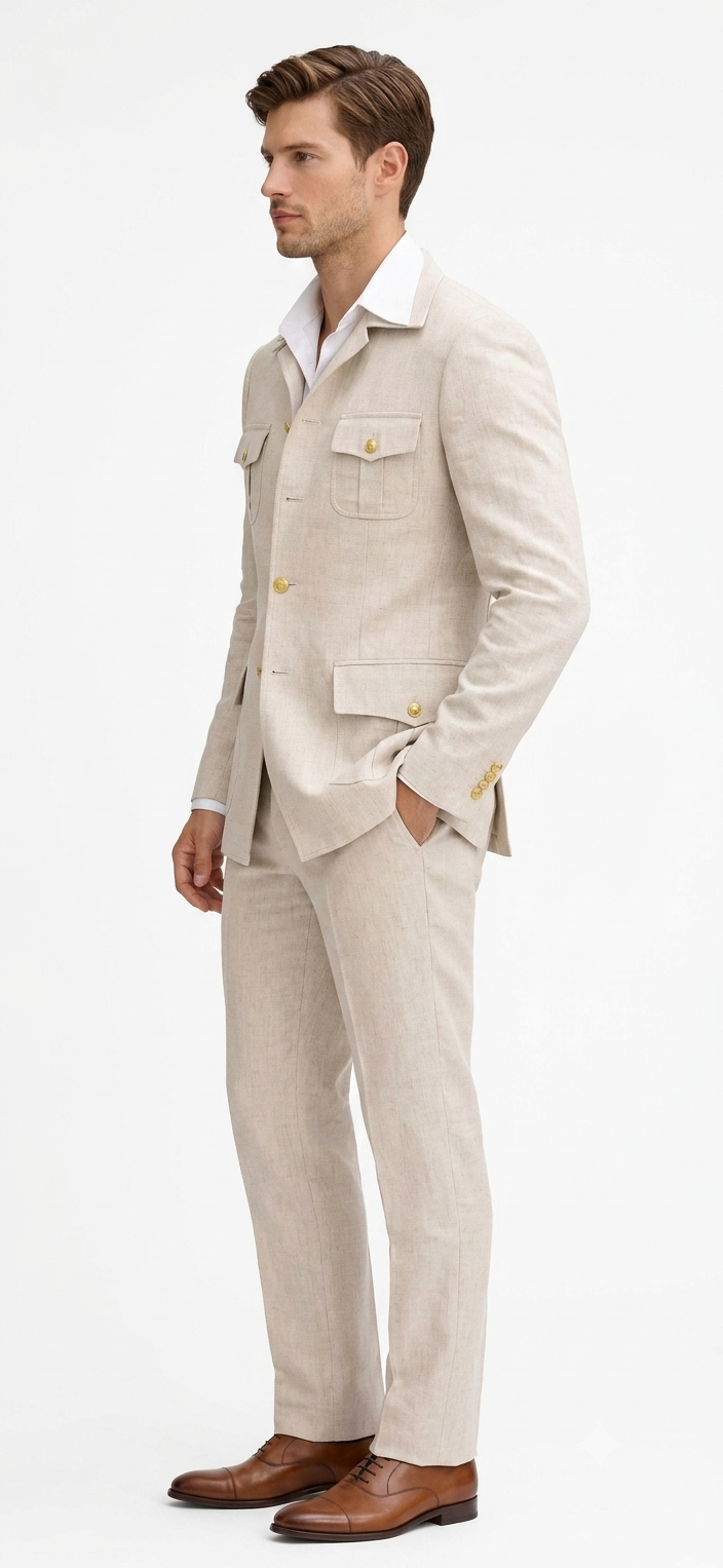 Mens Tan Beige Safari Military Walking Suit Set – Casual Two Piece Outfit Lightweight Summer Blazer and Pants Set Classic Casua Wear