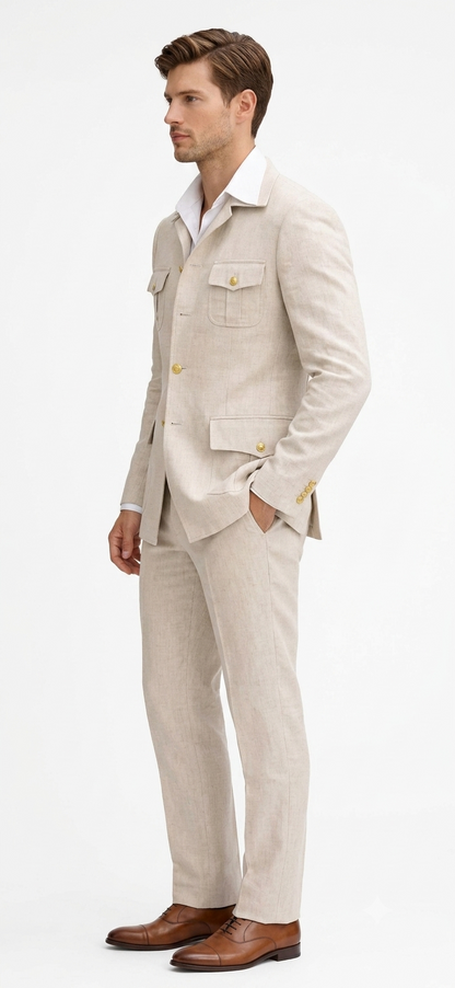 Mens Tan Beige Safari Military Walking Suit Set – Casual Two Piece Outfit Lightweight Summer Blazer and Pants Set Classic Casua Wear
