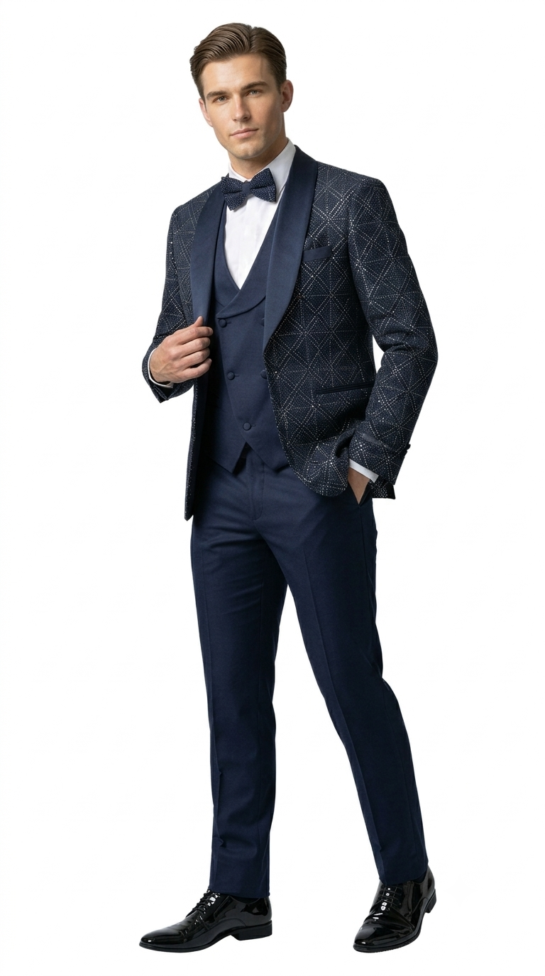 Men's Navy Blue Velvet Patterned Shawl Lapel Tuxedo Set for Wedding & Prom