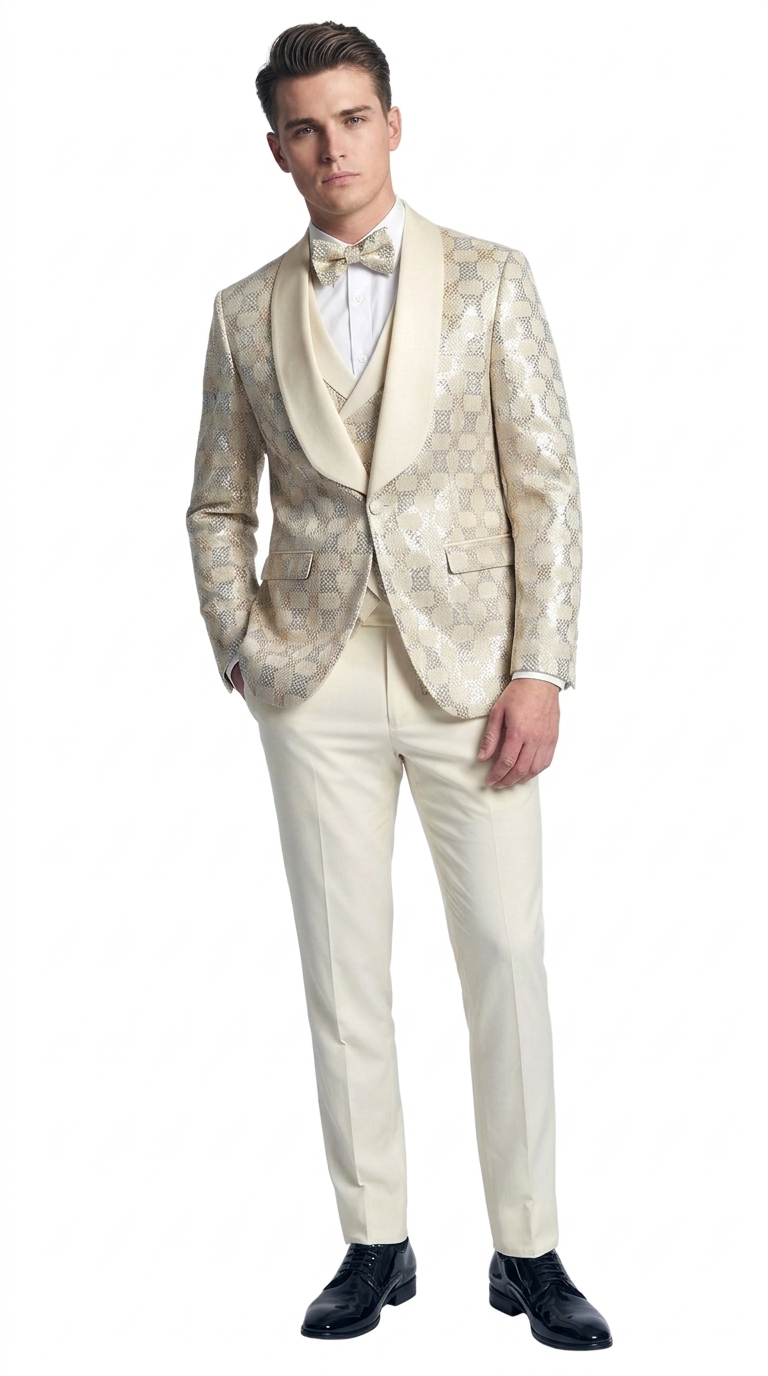 Men's Ivory Shiny Patterned Shawl Lapel Tuxedo Set for Wedding & Prom