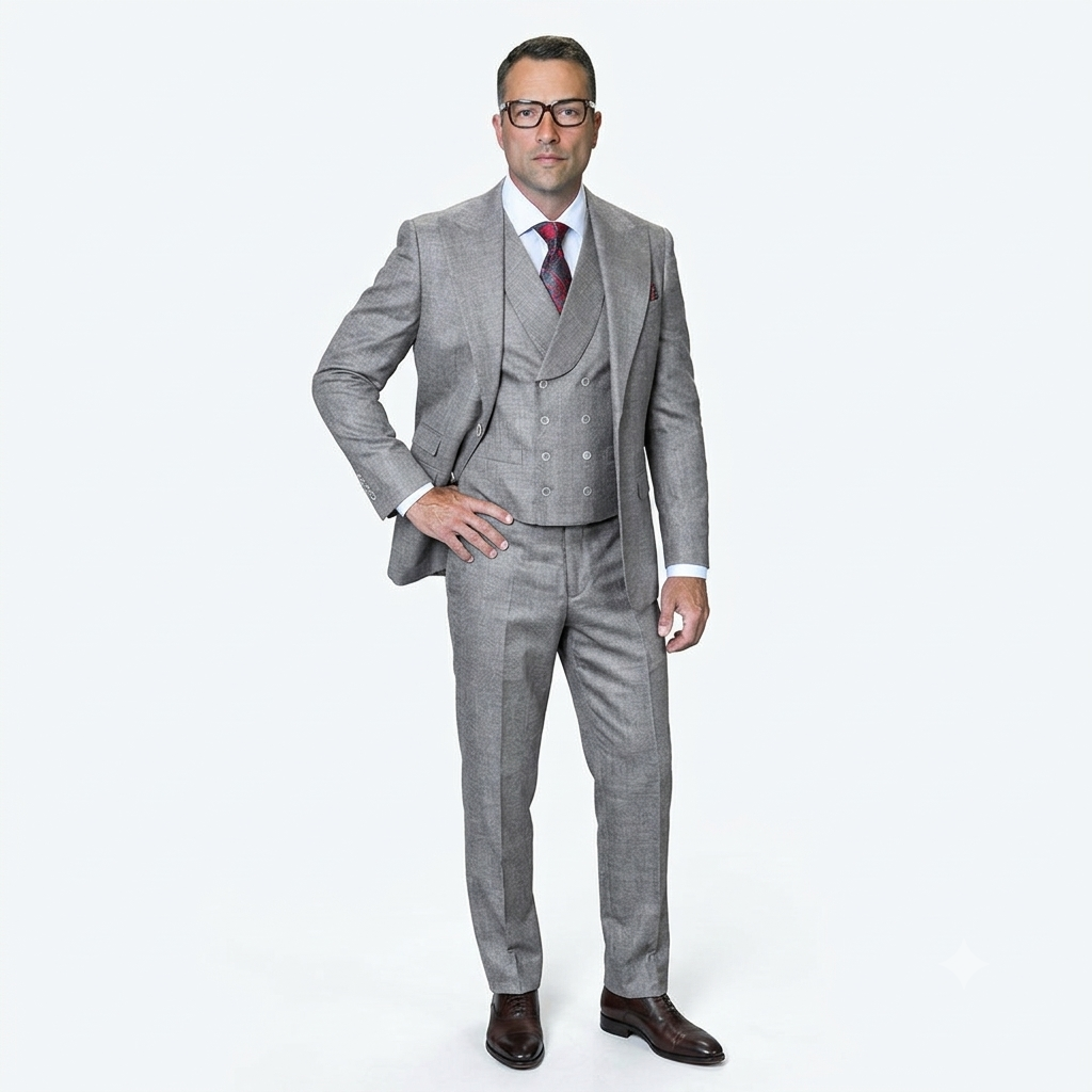 Mens Ticket Pocket Peak Lapel Double breasted Vest 100% Wool Tom Ford Style Modern Fit in Color "Grey" By Statement