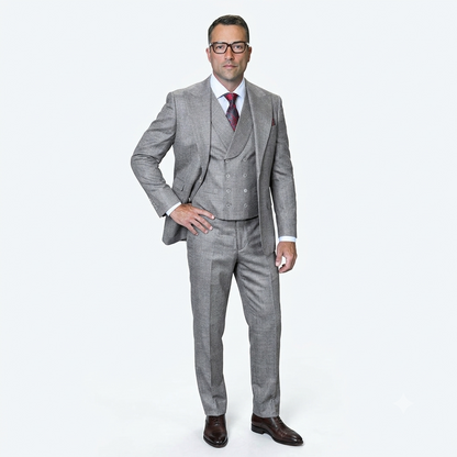 Mens Ticket Pocket Peak Lapel Double breasted Vest 100% Wool Tom Ford Style Modern Fit in Color "Grey" By Statement