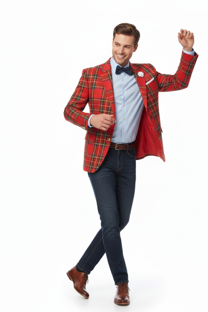 Holiday Blazer - Christmas Sport Coat - Red Christmas Fabric Plaid Blazer By Alebrtonardoni