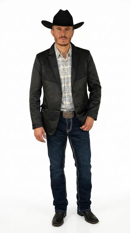 Mens Cowboy Blazer - Western Jacket in Color "Black with Wine Embroidery" Ultra Slim Fitted (Buy 1 Size UP)