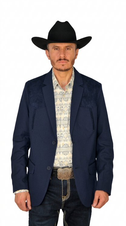 Men's Suede Cowboy Blazer Ultra Slim Fit Mens Western Suede Blazer with Embroidery in Color "Navy"