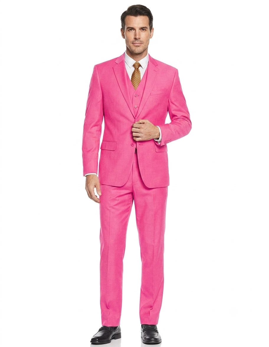 Men's 2 Button 3 Piece Vested Modern Fit Suits Flat Front Pants Suit in Fuschia