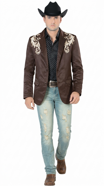Mens Cowboy Blazer - Western Jacket in Color "Brown" Ultra Slim Fitted (Buy 1 Size UP)