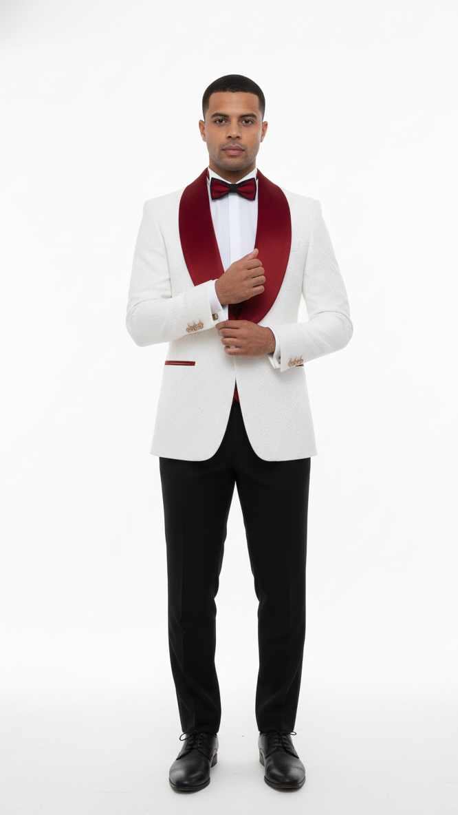 Mens Groom Wedding Shawl Collar - Paisley Red Velvet 4pc Suit W/ Matching Bowtie