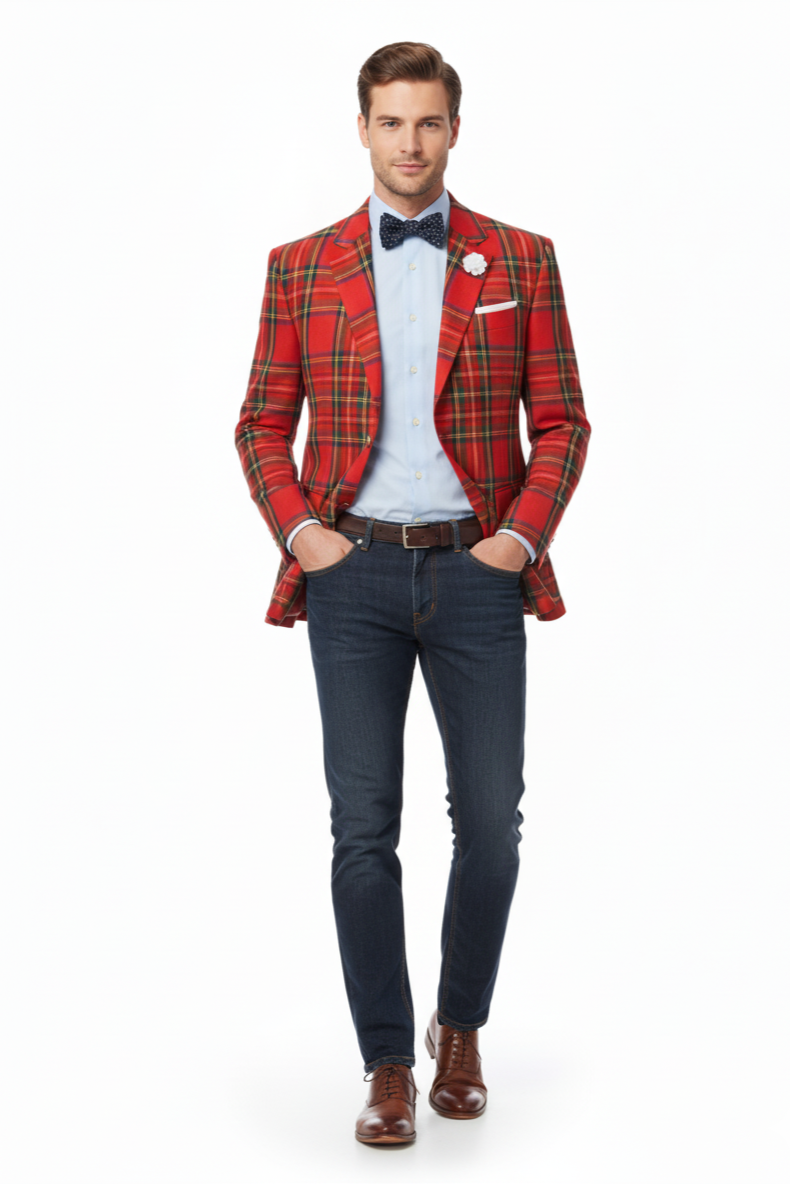 Holiday Blazer - Christmas Sport Coat - Red Christmas Fabric Plaid Blazer By Alebrtonardoni