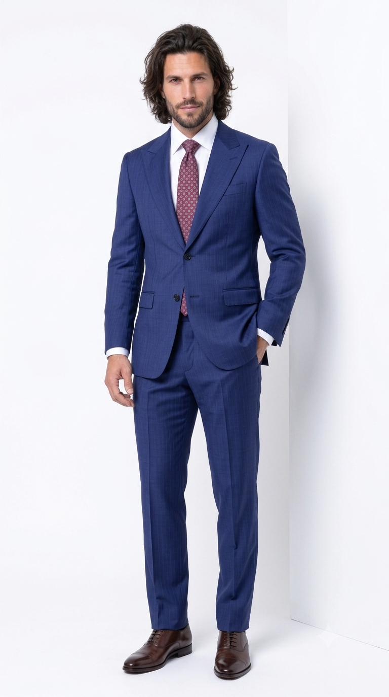 Statement Men's Modern Fit 2 Piece 100% Super 200 Wool Suit Peak Lapel in Navy - image 8