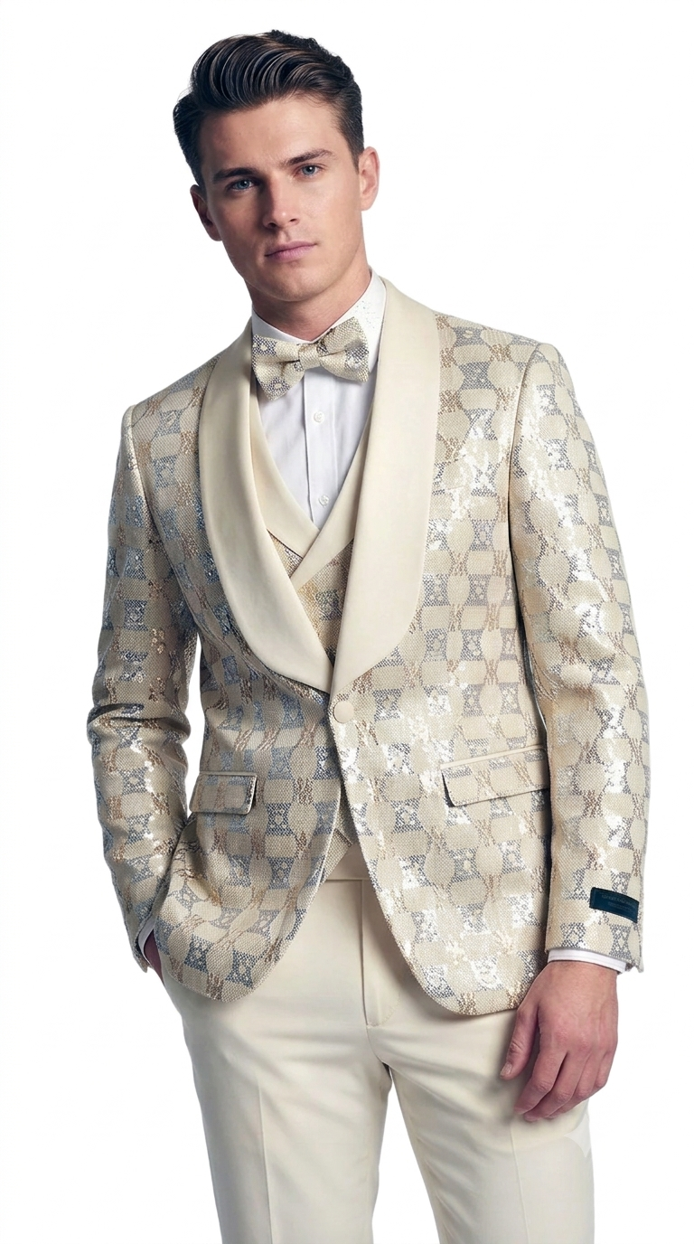 Men's Ivory Shiny Patterned Shawl Lapel Tuxedo Set for Wedding & Prom