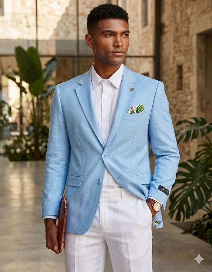 Men’s Sky Blue Linen Style Summer Blazer with Two Button Front, Lightweight Wedding Sport Coat