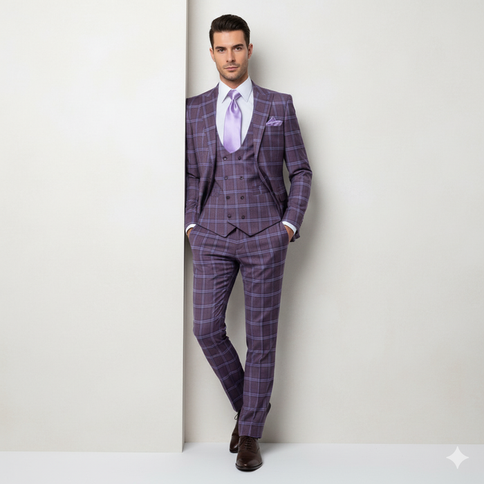 Rossi Man MAX RM1834 Slim Fit 3-Piece Suit Elegant Purple Formalwear for Men
