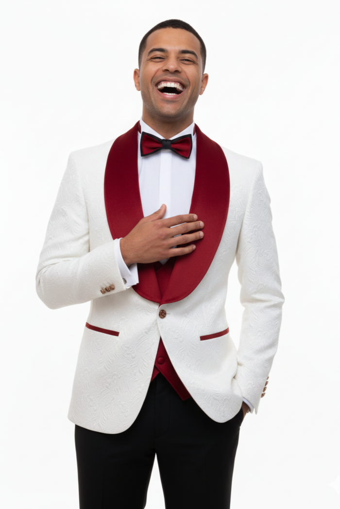 Mens Groom Wedding Shawl Collar - Paisley Red Velvet 4pc Suit W/ Matching Bowtie