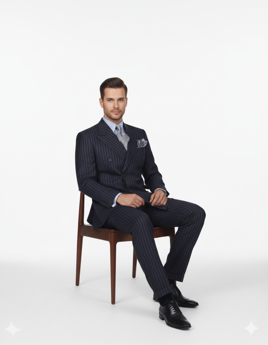 High Quality Dark Navy Blue Suits For Men & Chalk Bold White Pinstripe Double Breasted Suit 100% poly-ray