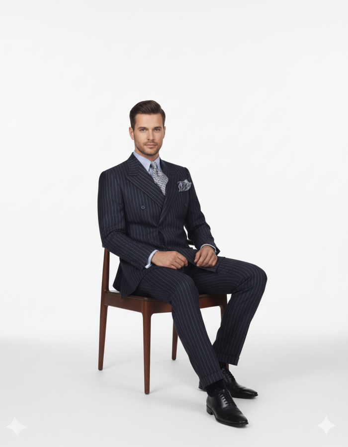 High Quality Dark Navy Blue Suits For Men & Chalk Bold White Pinstripe Double Breasted Suit 100% poly-ray
