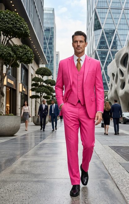 Men's 2 Button 3 Piece Vested Modern Fit Suits Flat Front Pants Suit in Fuschia