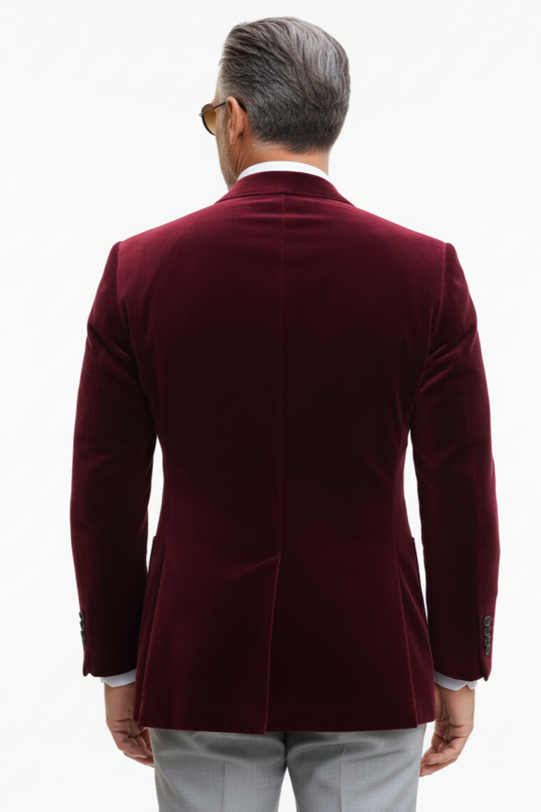 Mens Double Breasted Six Button Velvet Blazer - Burgundy Blazer
