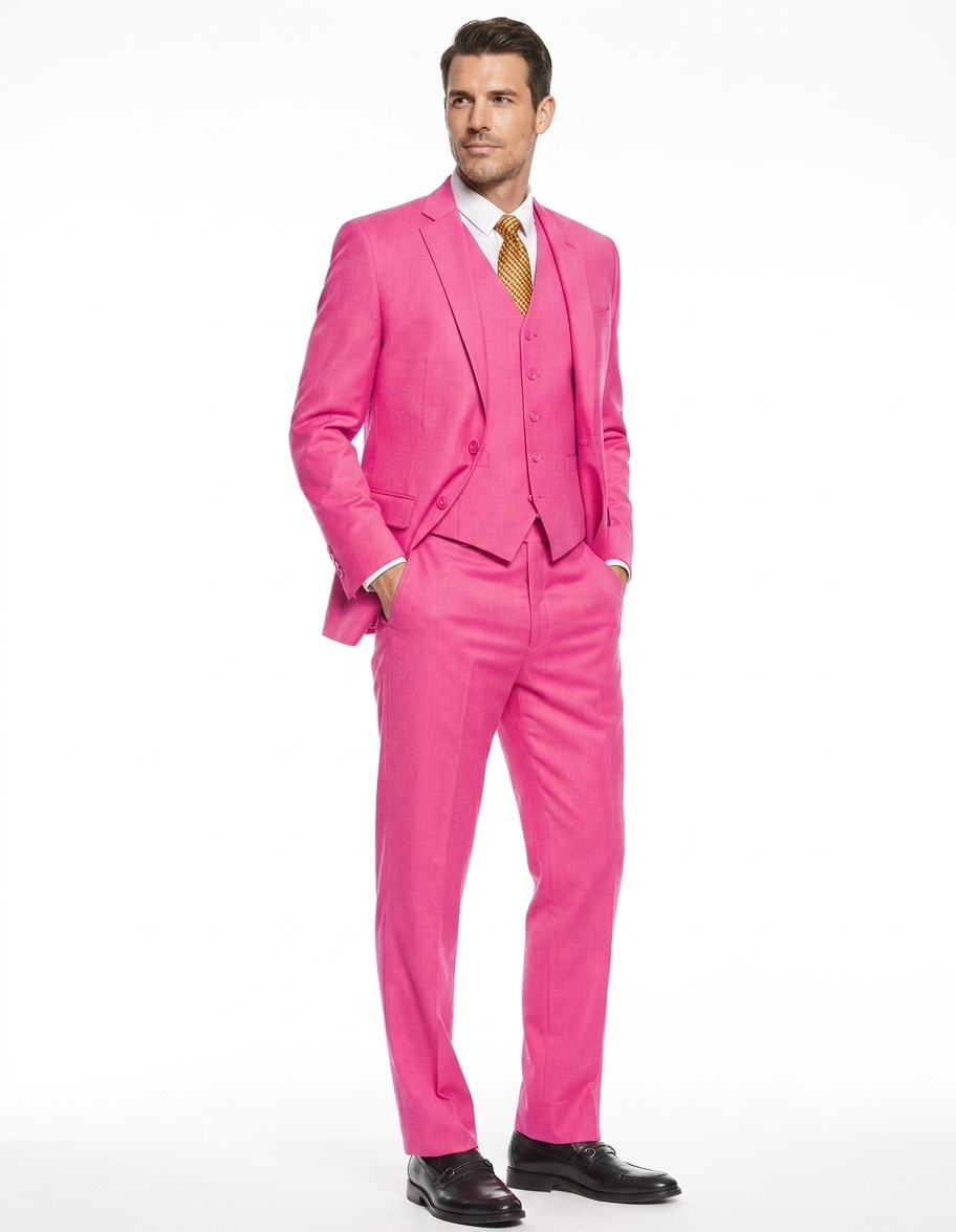 Men's 2 Button 3 Piece Vested Modern Fit Suits Flat Front Pants Suit in Fuschia