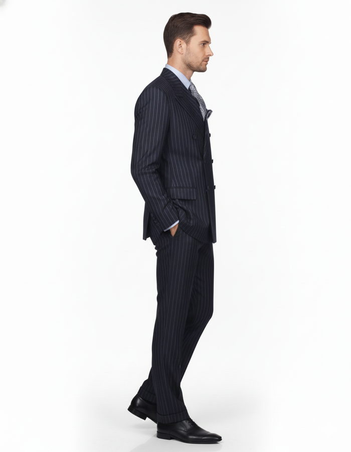 High Quality Dark Navy Blue Suits For Men & Chalk Bold White Pinstripe Double Breasted Suit 100% poly-ray