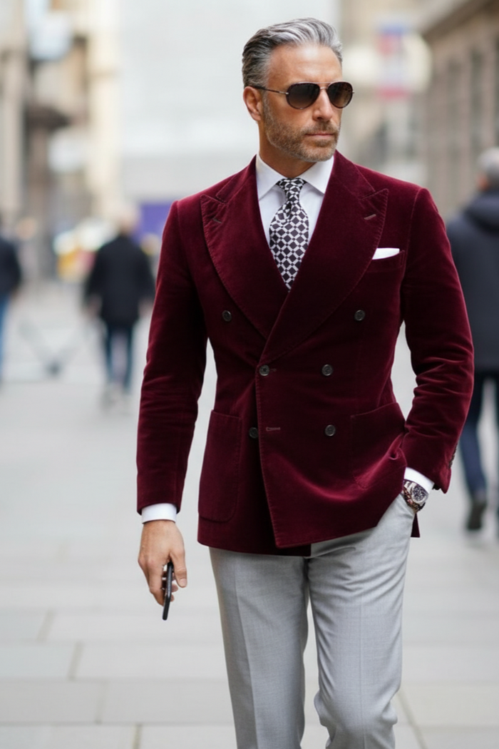 Mens Double Breasted Six Button Velvet Blazer - Burgundy Blazer