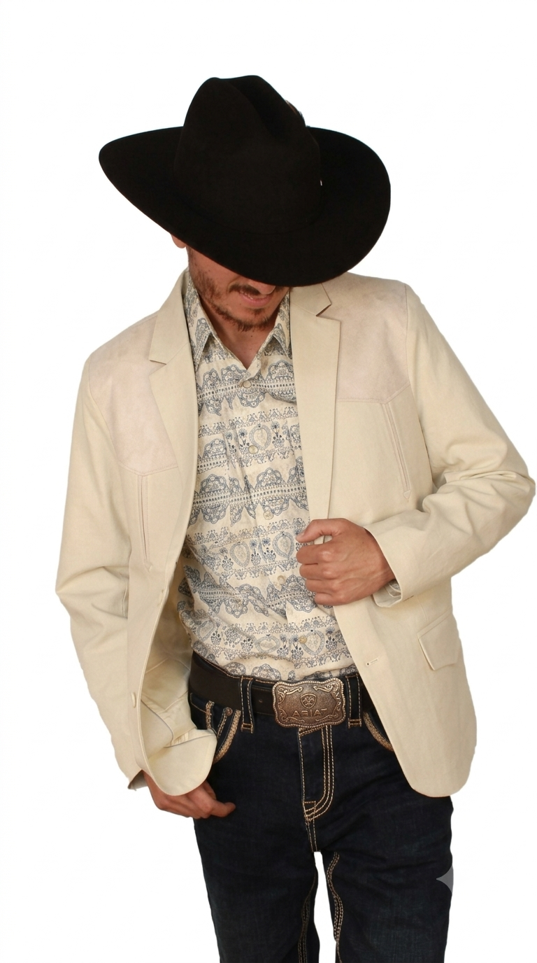 Men's Suede Cowboy Blazer Ultra Slim Fit Mens Western Suede Blazer with Embroidery in Color "Beige"