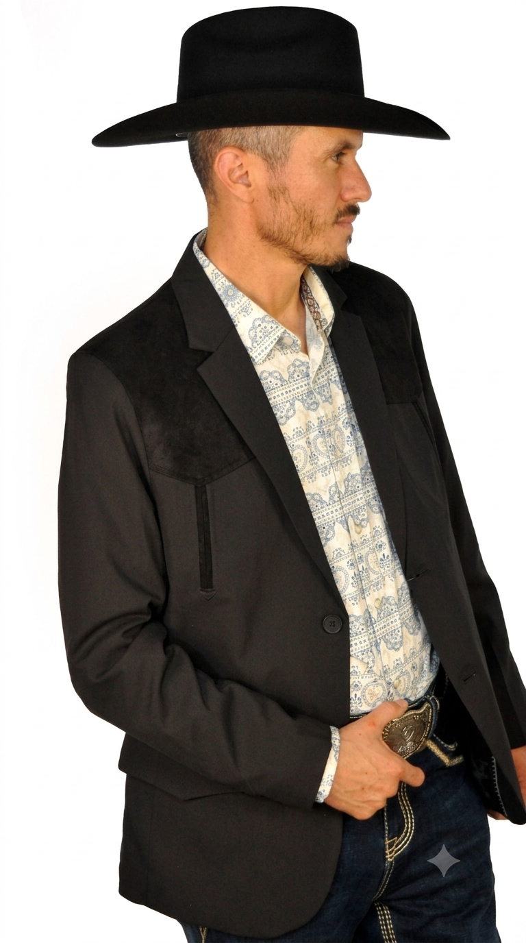 Men's Suede Cowboy Blazer Ultra Slim Fit Black Suede Cowboy Jacket with Western Embroidery in Color "Black"