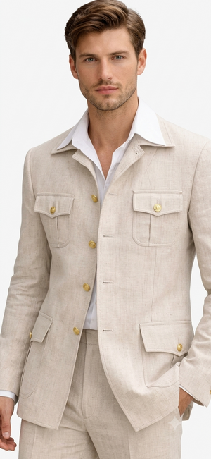 Mens Tan Beige Safari Military Walking Suit Set – Casual Two Piece Outfit Lightweight Summer Blazer and Pants Set Classic Casua Wear