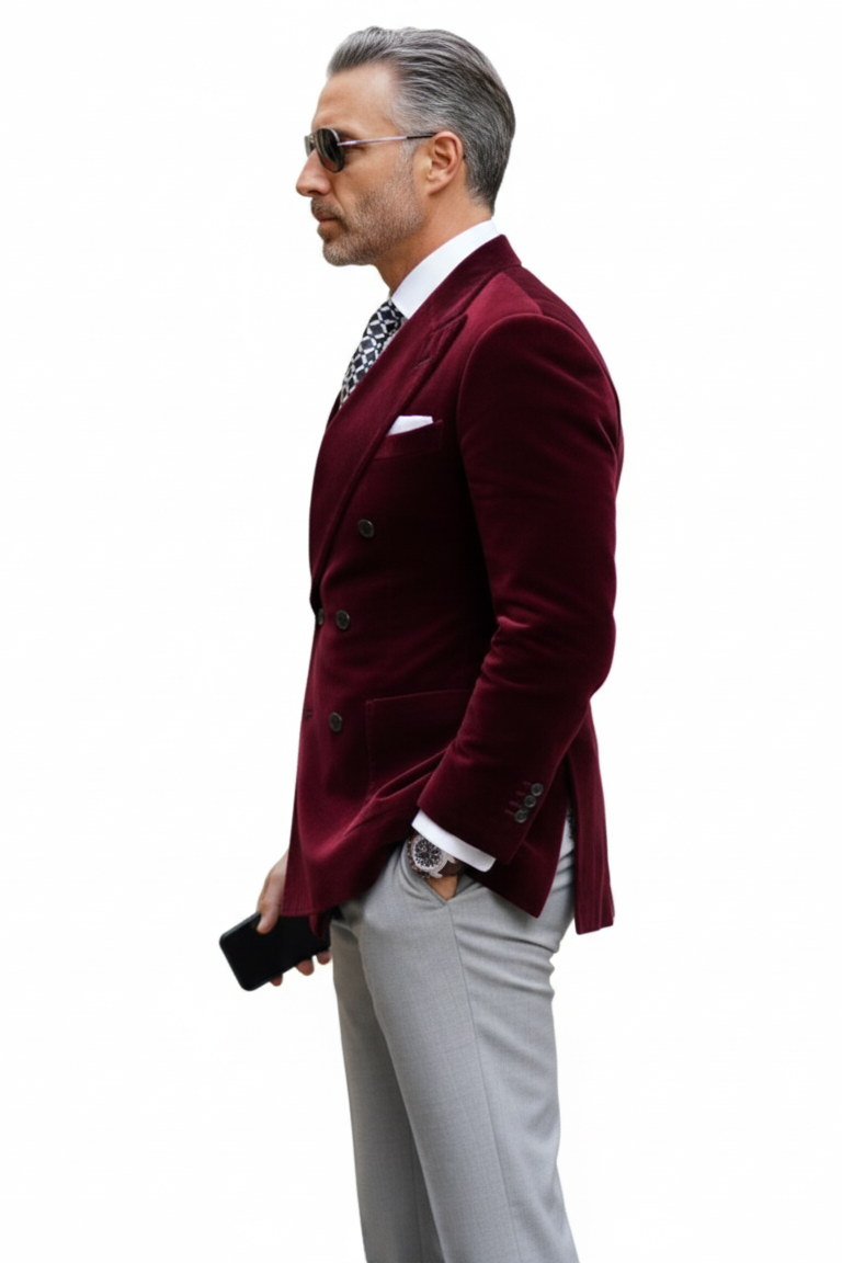 Mens Double Breasted Six Button Velvet Blazer - Burgundy Blazer