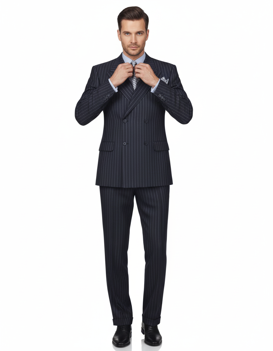 High Quality Dark Navy Blue Suits For Men & Chalk Bold White Pinstripe Double Breasted Suit 100% poly-ray