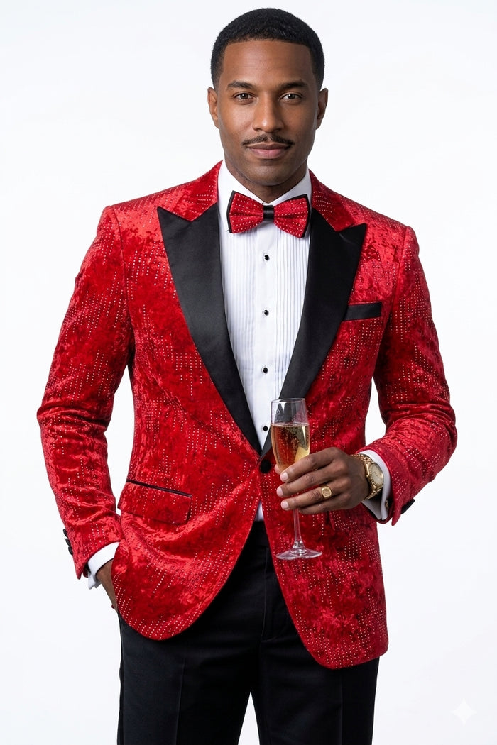 Men’s Red Velvet Studded Prom Tuxedo Jacket – Wedding and Formal Wear