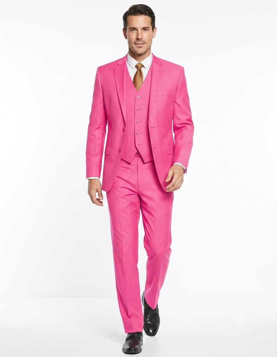 Men's 2 Button 3 Piece Vested Modern Fit Suits Flat Front Pants Suit in Fuschia
