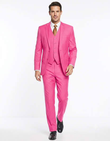 Men's 2 Button 3 Piece Vested Modern Fit Suits Flat Front Pants Suit in Fuschia