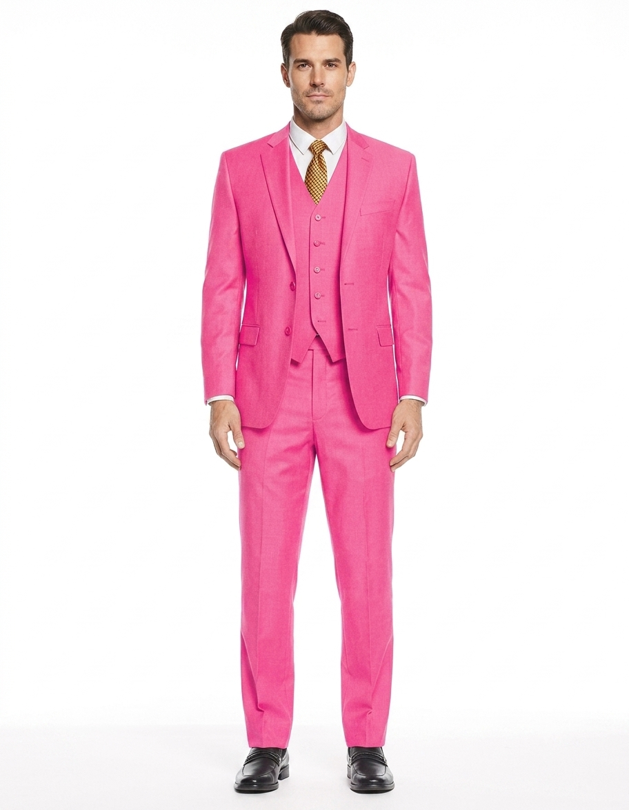 Men's 2 Button 3 Piece Vested Modern Fit Suits Flat Front Pants Suit in Fuschia