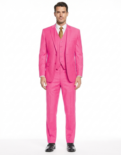 Men's 2 Button 3 Piece Vested Modern Fit Suits Flat Front Pants Suit in Fuschia
