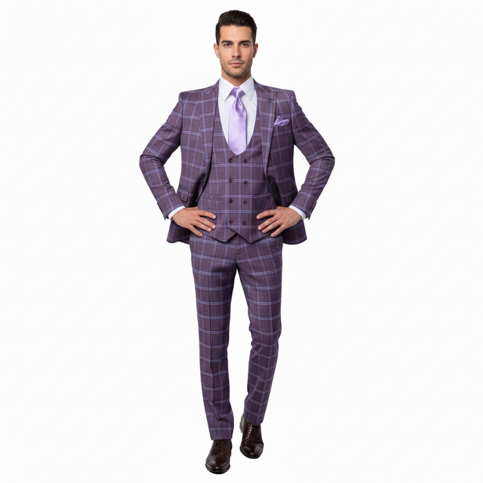 Rossi Man MAX RM1834 Slim Fit 3-Piece Suit Elegant Purple Formalwear for Men