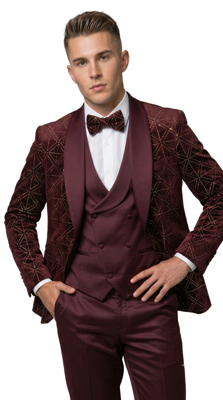 Men's Burgundy Velvet Patterned Shawl Lapel Tuxedo Set for Wedding & Prom