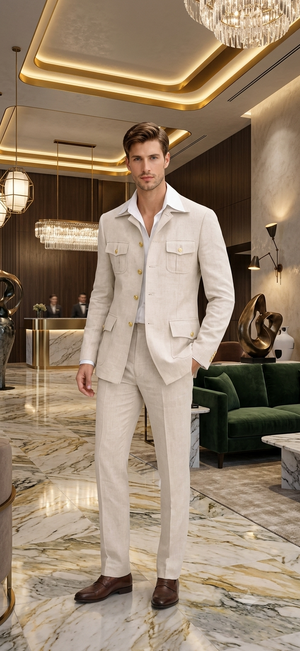 Mens Tan Beige Safari Military Walking Suit Set – Casual Two Piece Outfit Lightweight Summer Blazer and Pants Set Classic Casua Wear