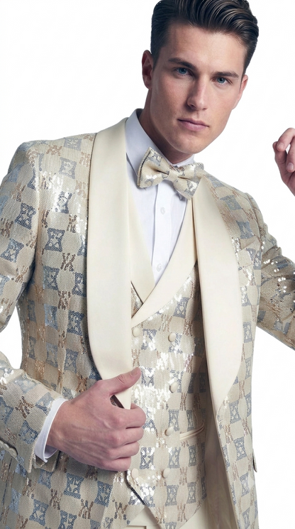 Men's Ivory Shiny Patterned Shawl Lapel Tuxedo Set for Wedding & Prom