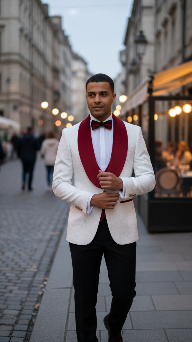 Mens Groom Wedding Shawl Collar - Paisley Red Velvet 4pc Suit W/ Matching Bowtie