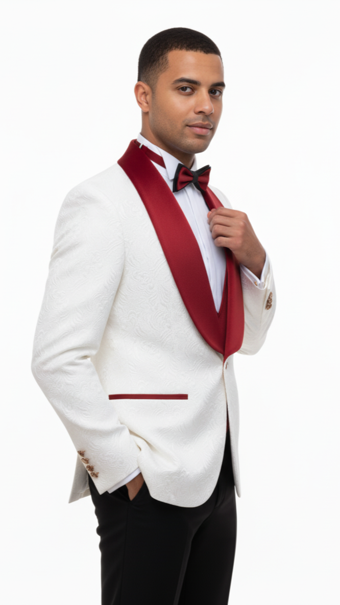 Mens Groom Wedding Shawl Collar - Paisley Red Velvet 4pc Suit W/ Matching Bowtie
