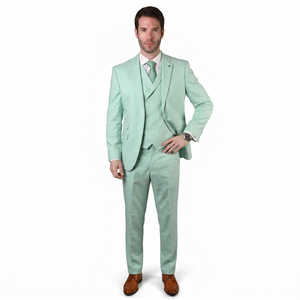 Mens Ticket Pocket Peak Lapel Double breasted Vest 100% Wool Tom Ford Style Modern Fit in Color "Mint" By Statement