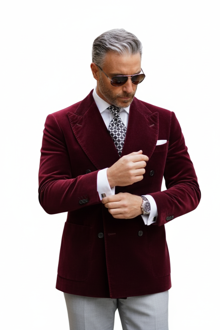 Mens Double Breasted Six Button Velvet Blazer - Burgundy Blazer